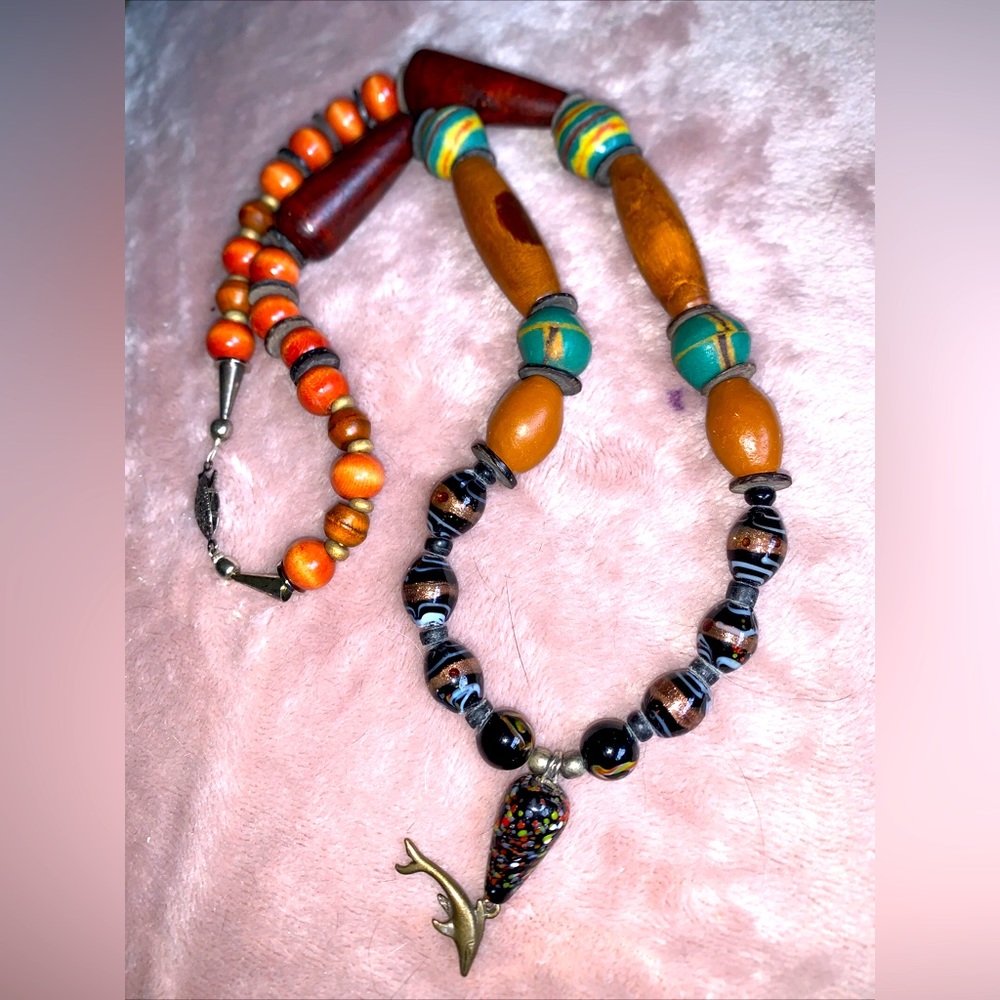 Vintage Boho Trade Beads Necklace. Glass,wood,ceramic,metal Dolphin charm 24”